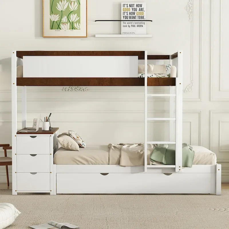 Letto a castello singolo su singolo con letto estraibile singolo e contenitori, letto con scrivania e contenitori, salvaspazio per bambini, ragazzi e adulti