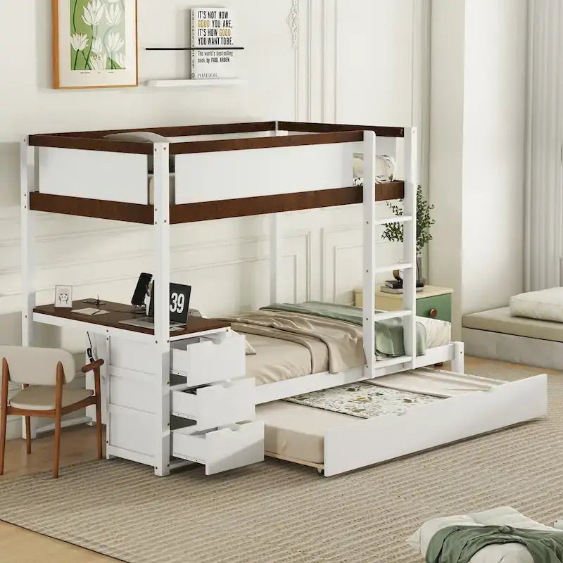 Letto a castello singolo su singolo con letto estraibile singolo e contenitori, letto con scrivania e contenitori, salvaspazio per bambini, ragazzi e adulti