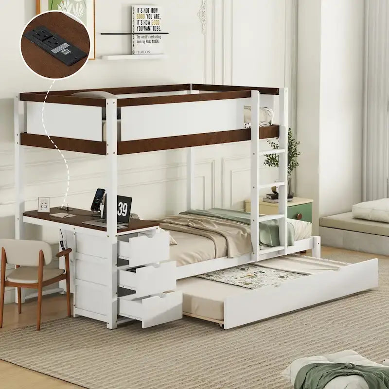 Letto a castello singolo su singolo con letto estraibile singolo e contenitori, letto con scrivania e contenitori, salvaspazio per bambini, ragazzi e adulti