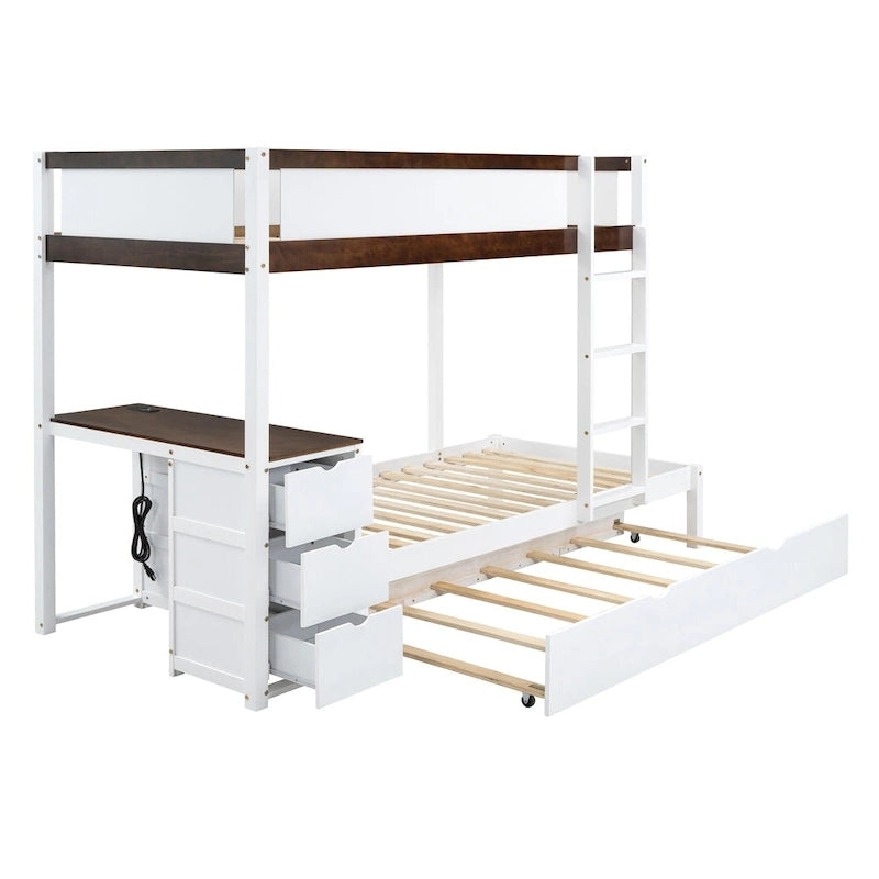 Letto a castello singolo su singolo con letto estraibile singolo e contenitori, letto con scrivania e contenitori, salvaspazio per bambini, ragazzi e adulti