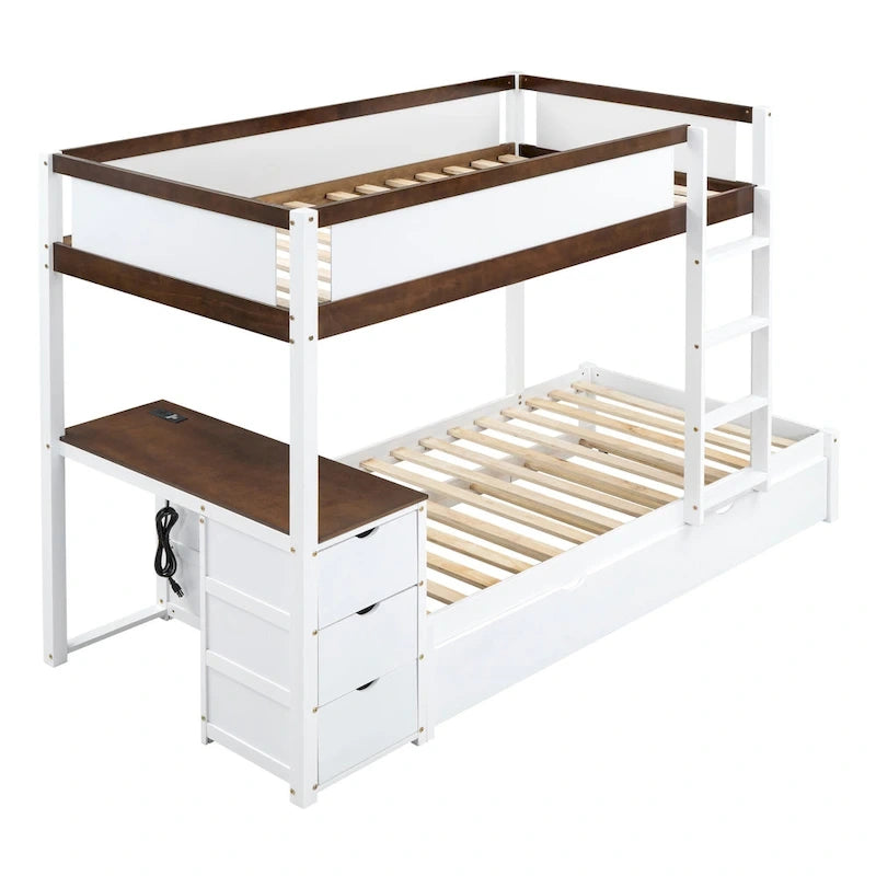 Letto a castello singolo su singolo con letto estraibile singolo e contenitori, letto con scrivania e contenitori, salvaspazio per bambini, ragazzi e adulti