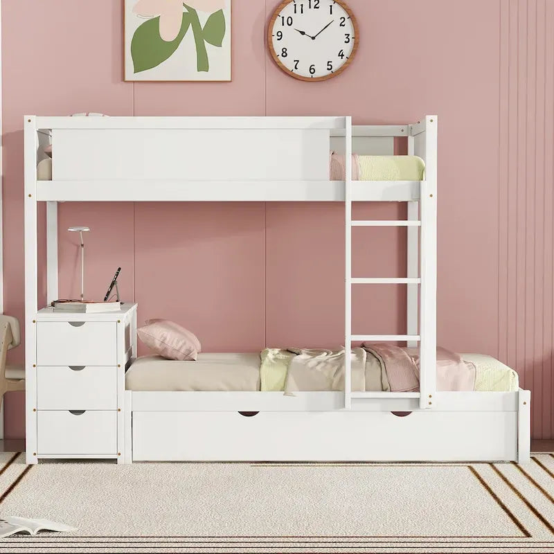 Letto a castello singolo su singolo con letto estraibile singolo e contenitori, letto con scrivania e contenitori, salvaspazio per bambini, ragazzi e adulti