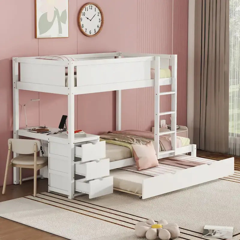 Letto a castello singolo su singolo con letto estraibile singolo e contenitori, letto con scrivania e contenitori, salvaspazio per bambini, ragazzi e adulti