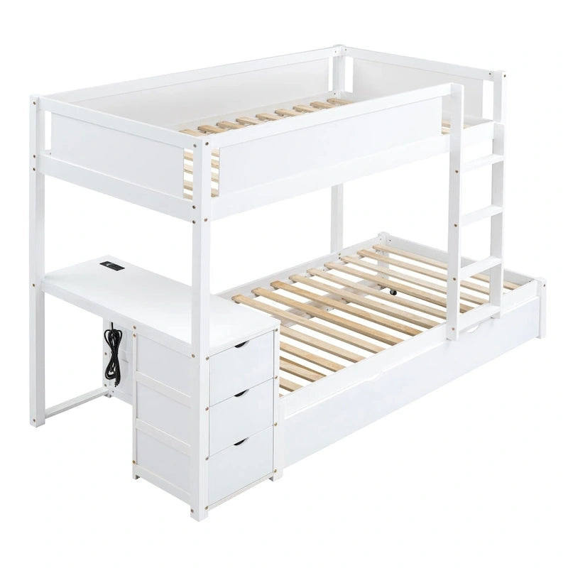 Letto a castello singolo su singolo con letto estraibile singolo e contenitori, letto con scrivania e contenitori, salvaspazio per bambini, ragazzi e adulti