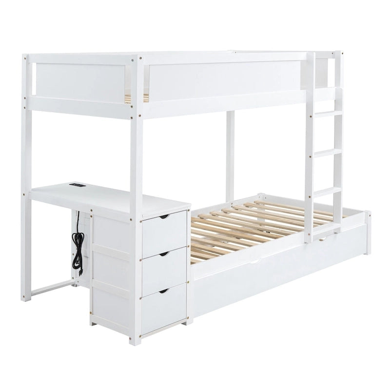 Letto a castello singolo su singolo con letto estraibile singolo e contenitori, letto con scrivania e contenitori, salvaspazio per bambini, ragazzi e adulti