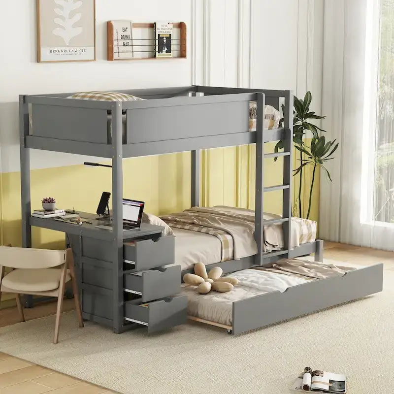 Letto a castello singolo su singolo con letto estraibile singolo e contenitori, letto con scrivania e contenitori, salvaspazio per bambini, ragazzi e adulti