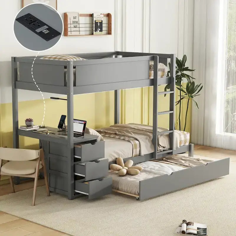 Letto a castello singolo su singolo con letto estraibile singolo e contenitori, letto con scrivania e contenitori, salvaspazio per bambini, ragazzi e adulti