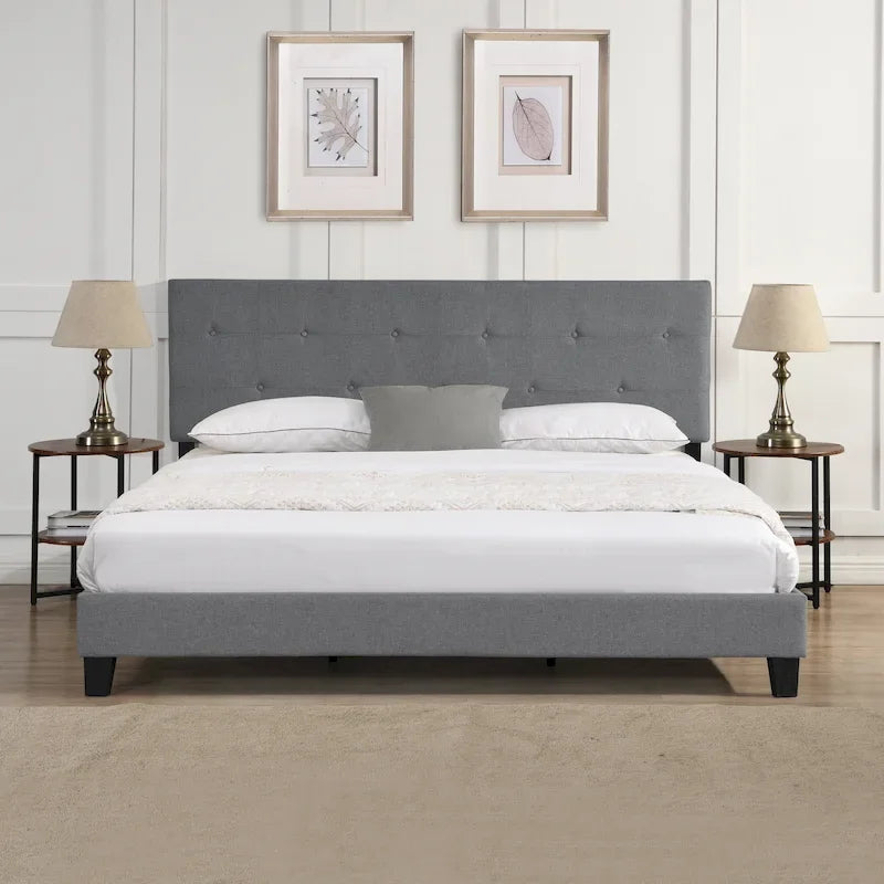 Letto Imbottito King Size con Testiera in Tessuto di Lino Capitonnè