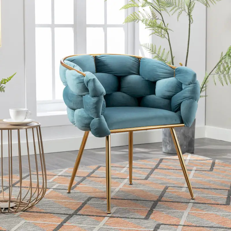 Sedia d'Appoggio Moderna Blu da 28.7" Rivestita in Velluto con Gambe in Metallo Placcato Oro