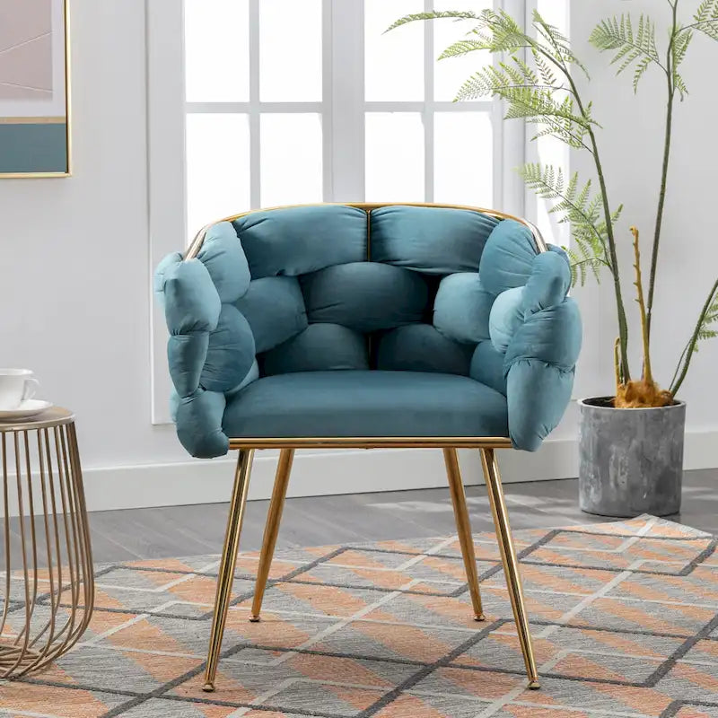 Sedia d'Appoggio Moderna Blu da 28.7" Rivestita in Velluto con Gambe in Metallo Placcato Oro