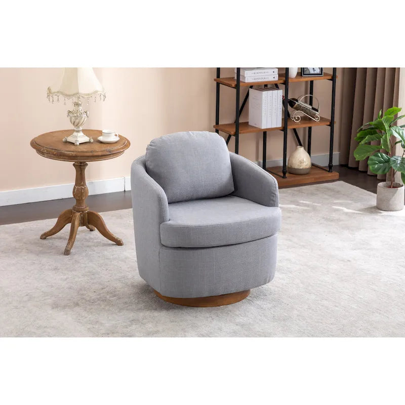 Poltroncina girevole moderna blu chiaro da 77 cm con base rotonda in legno massello marrone