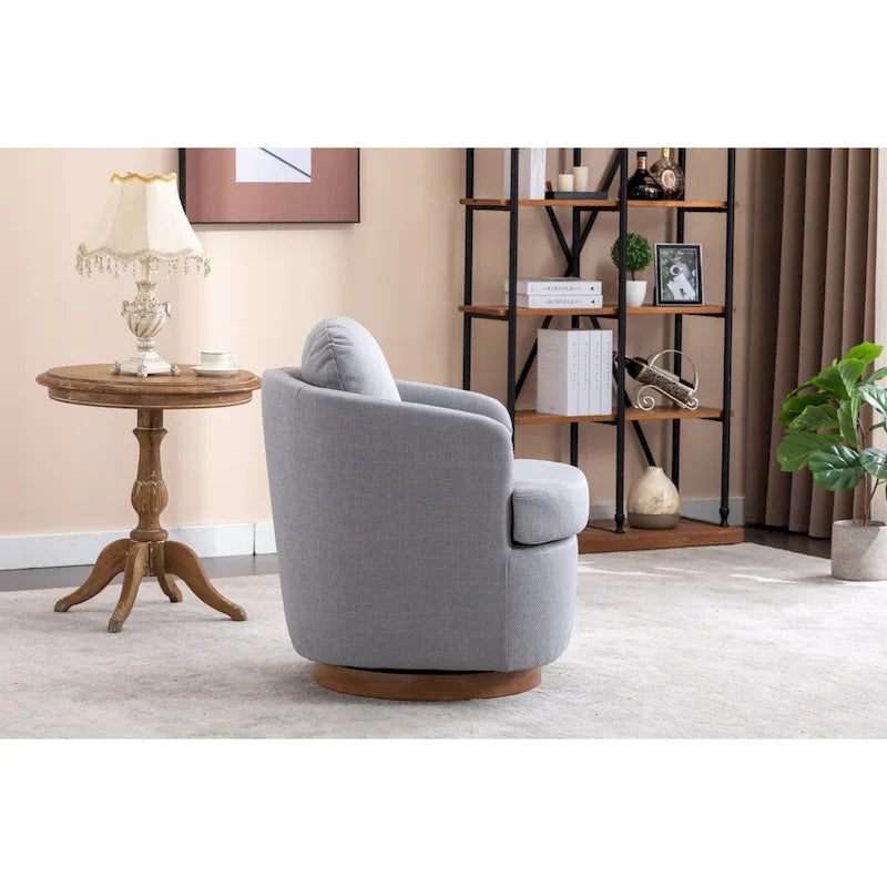 Poltroncina girevole moderna blu chiaro da 77 cm con base rotonda in legno massello marrone