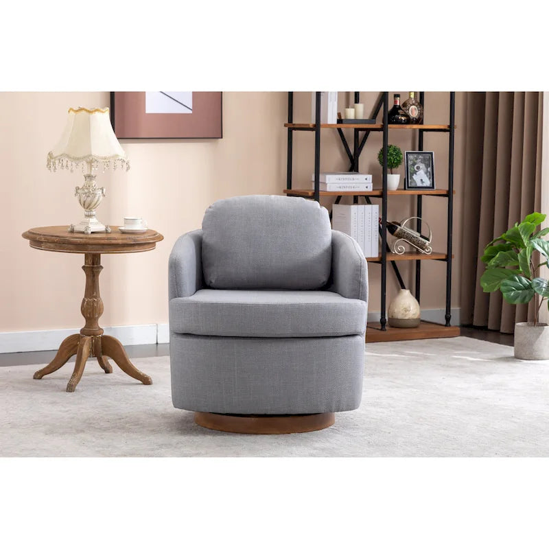 Poltroncina girevole moderna blu chiaro da 77 cm con base rotonda in legno massello marrone