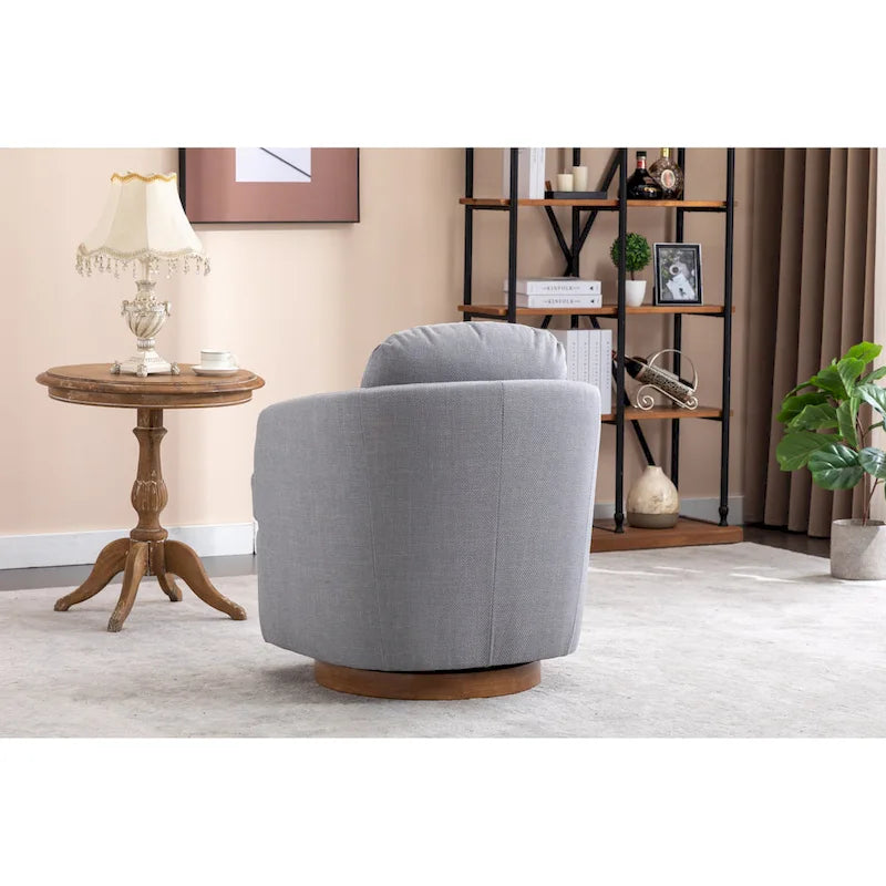 Poltroncina girevole moderna blu chiaro da 77 cm con base rotonda in legno massello marrone