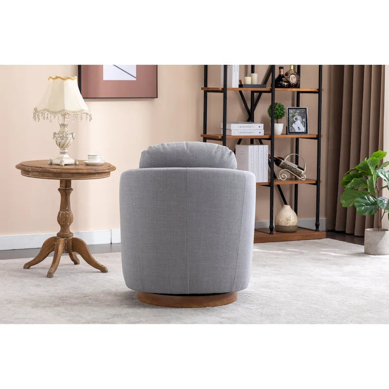 Poltroncina girevole moderna blu chiaro da 77 cm con base rotonda in legno massello marrone