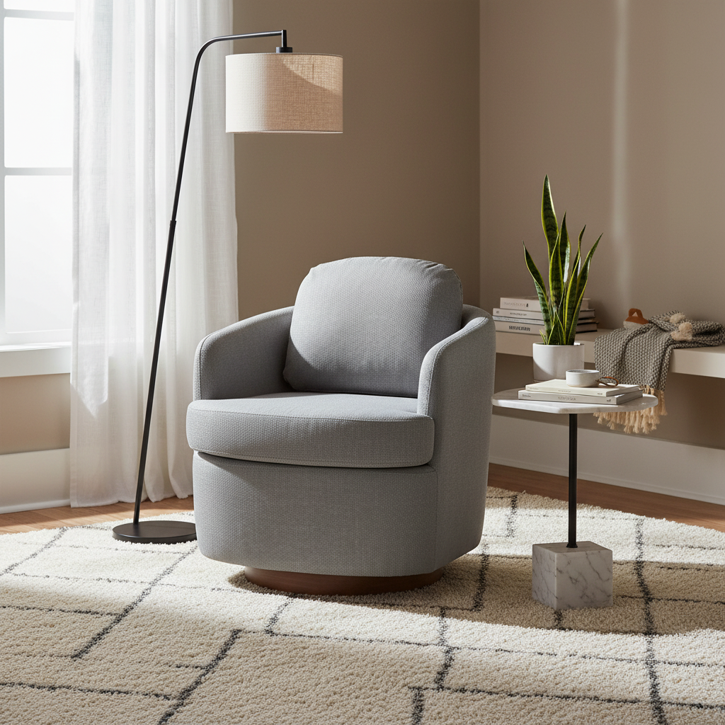 Poltroncina girevole moderna blu chiaro da 77 cm con base rotonda in legno massello marrone
