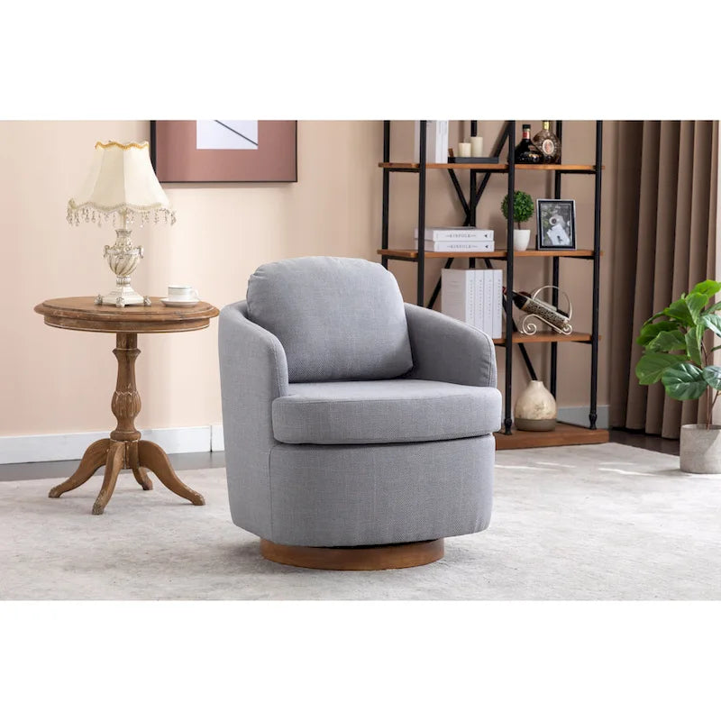 Poltroncina girevole moderna blu chiaro da 77 cm con base rotonda in legno massello marrone