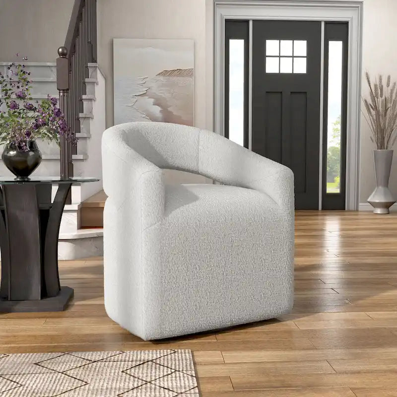 Poltrona rotonda Celeste Modern Boucle con schienale aperto e braccioli curvi, poltrona girevole di