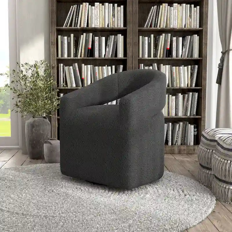 Poltrona rotonda Celeste Modern Boucle con schienale aperto e braccioli curvi, poltrona girevole di