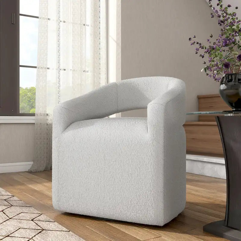 Poltrona rotonda Celeste Modern Boucle con schienale aperto e braccioli curvi, poltrona girevole di