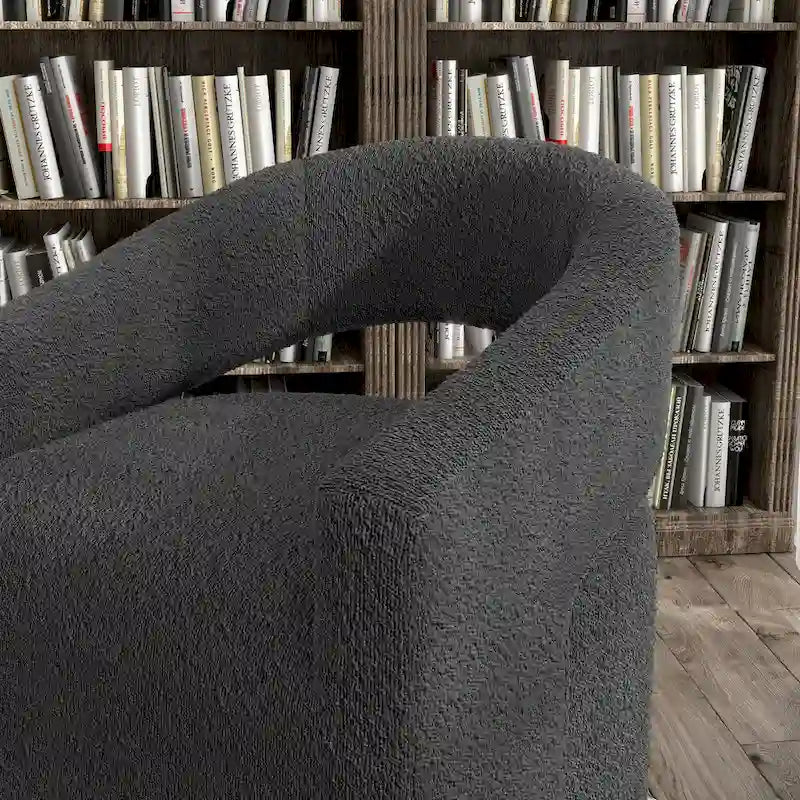 Poltrona rotonda Celeste Modern Boucle con schienale aperto e braccioli curvi, poltrona girevole di
