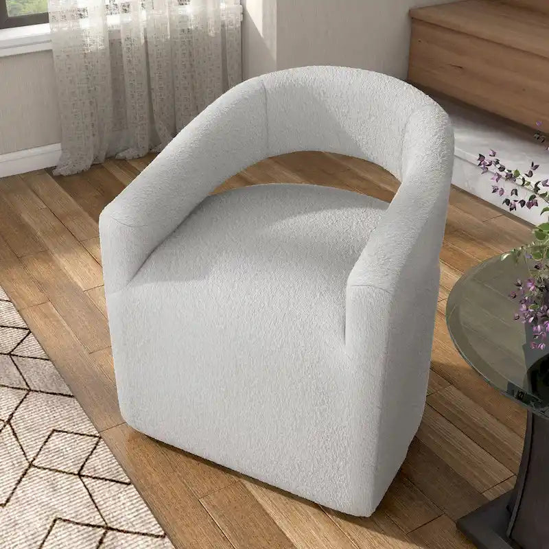 Poltrona rotonda Celeste Modern Boucle con schienale aperto e braccioli curvi, poltrona girevole di