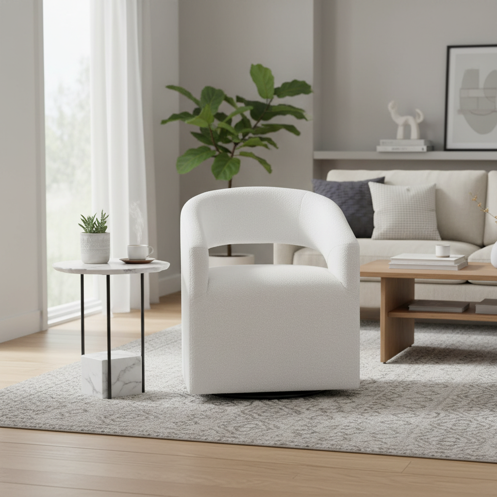 Poltrona rotonda Celeste Modern Boucle con schienale aperto e braccioli curvi, poltrona girevole di