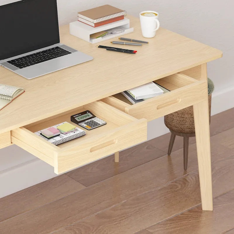 Scrivania per computer in legno beige, 120 cm Scrivania con 2 cassetti