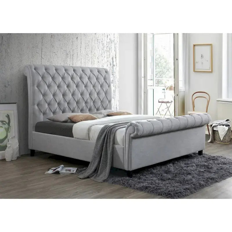 Pietro Letto a Piattaforma Sleigh Rivestito in Tessuto Grigio Trapuntato