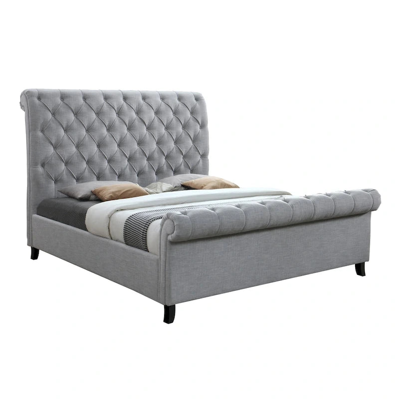 Pietro Letto a Piattaforma Sleigh Rivestito in Tessuto Grigio Trapuntato