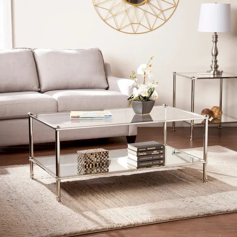   Pullman Rectangle Mirrored Coffee Table with Glass Top and Shelf