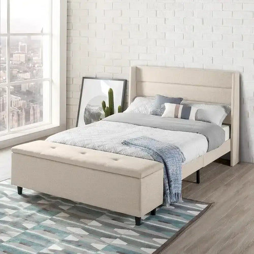 Beige Upholstered Platform Bed with Storage Ottoman By  
