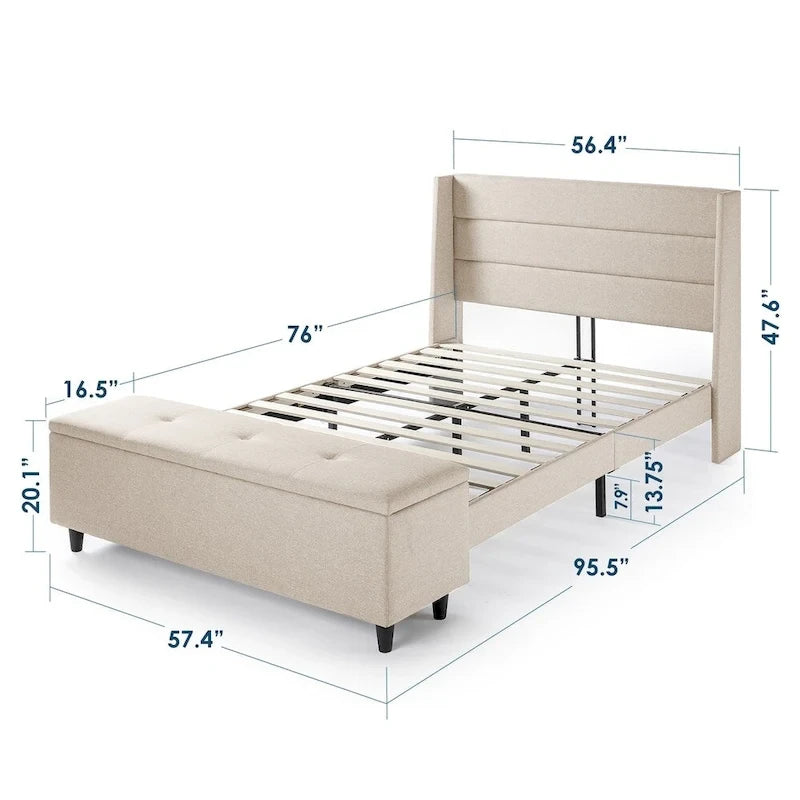 Letto a piattaforma imbottito beige con pouf contenitore By