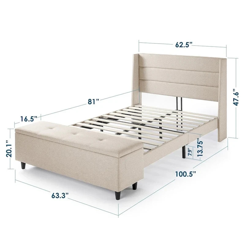 Letto a piattaforma imbottito beige con pouf contenitore By