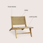 Poltrona lounge senza braccioli Hartley Mid-Century Modern in legno con erba marina intrecciata, colore naturale di