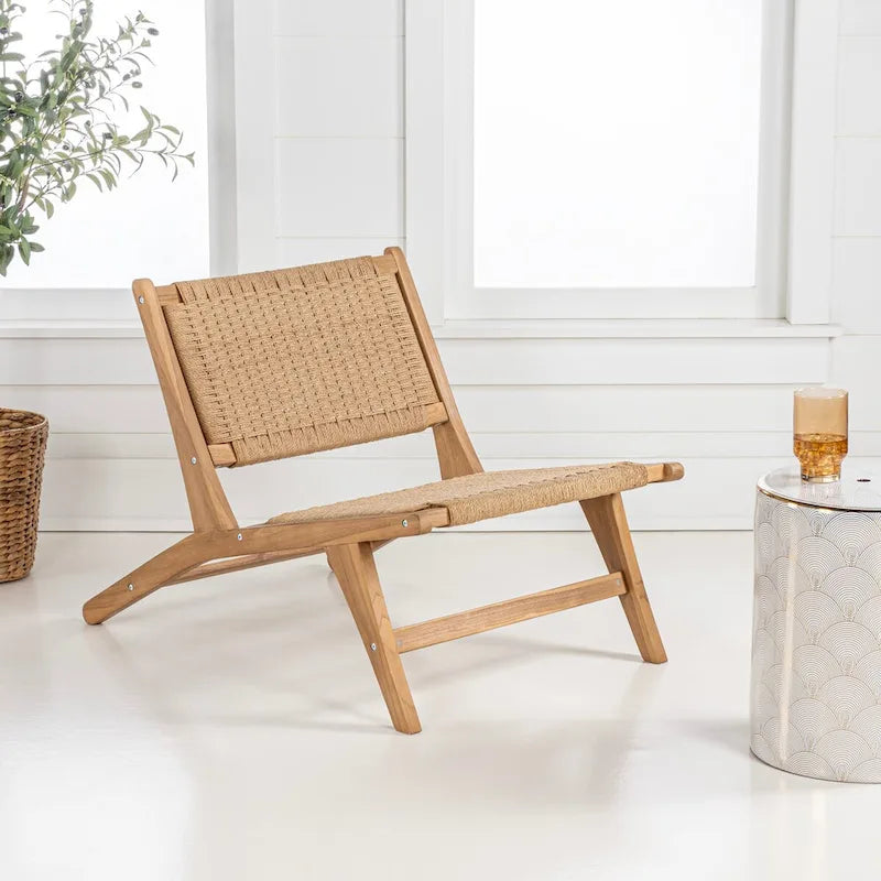Poltrona lounge senza braccioli Hartley Mid-Century Modern in legno con erba marina intrecciata, colore naturale di
