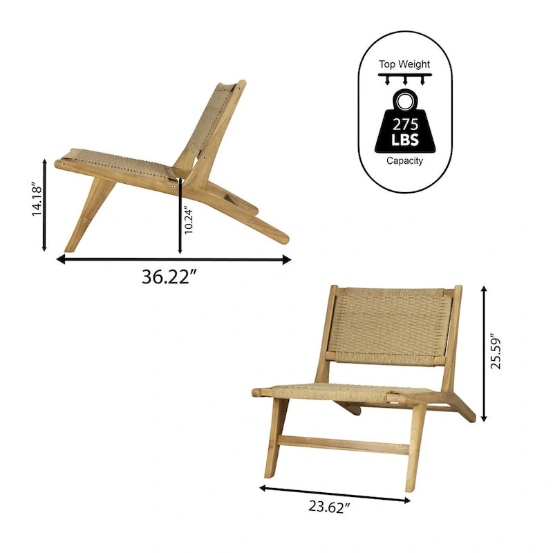 Poltrona lounge senza braccioli Hartley Mid-Century Modern in legno con erba marina intrecciata, colore naturale di