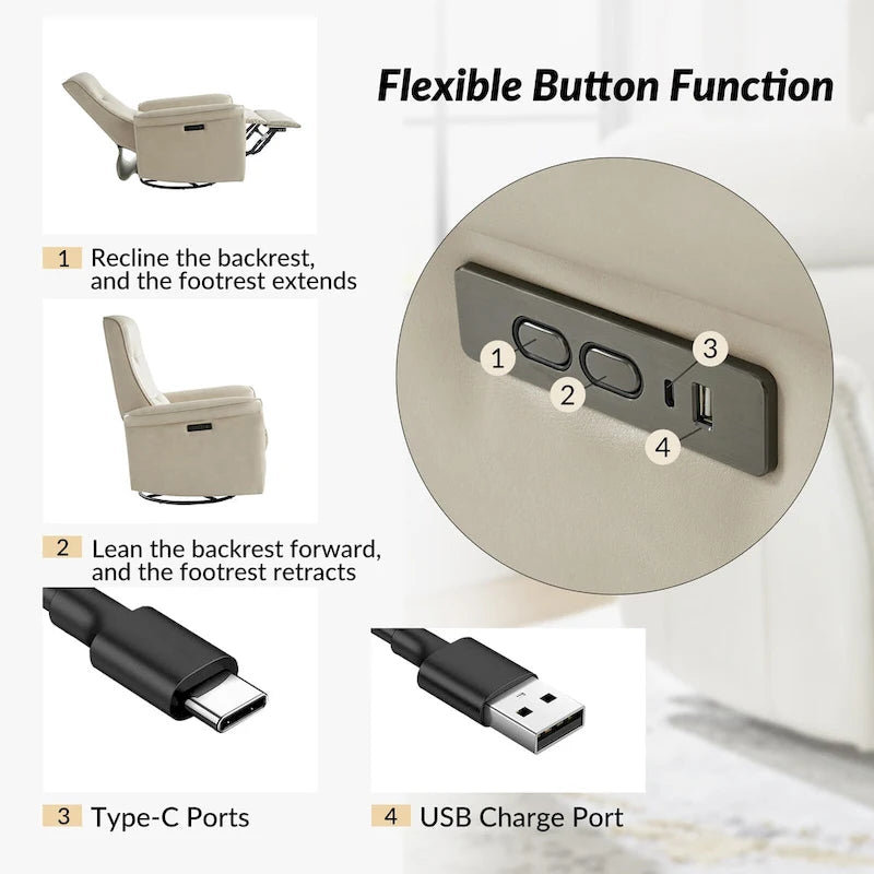 Poltrona reclinabile girevole Valentin moderna in similpelle con porte USB, set da 2, di