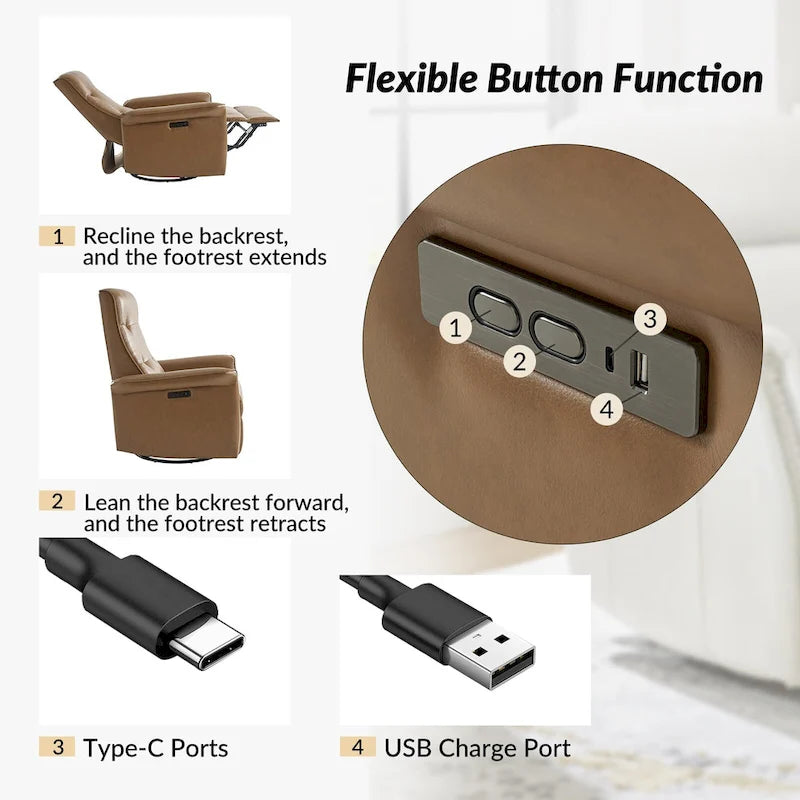 Poltrona reclinabile girevole Valentin moderna in similpelle con porte USB, set da 2, di