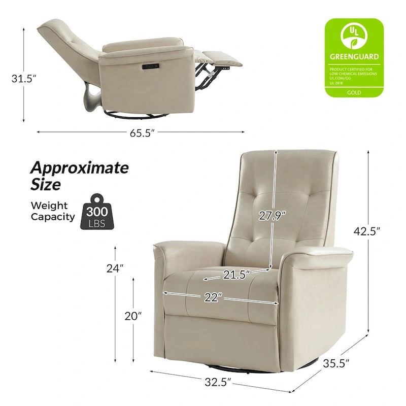 Poltrona reclinabile girevole Valentin moderna in similpelle con porte USB, set da 2, di