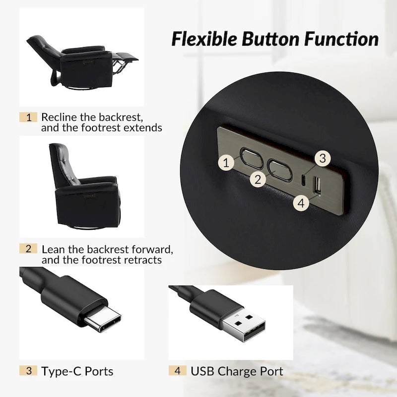 Poltrona reclinabile girevole Valentin moderna in similpelle con porte USB, set da 2, di