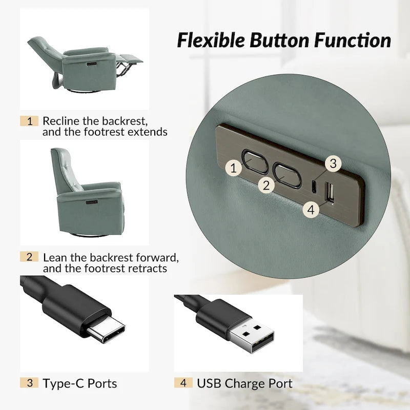 Poltrona reclinabile girevole Valentin moderna in similpelle con porte USB, set da 2, di