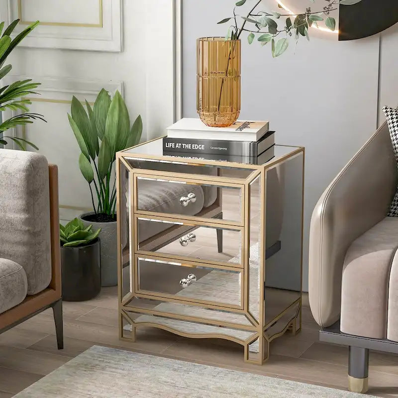 W 19.7  X D 15  X H 26  Champagne Mirror Three Extraction Cabinet, Multifunctional Bedside Table