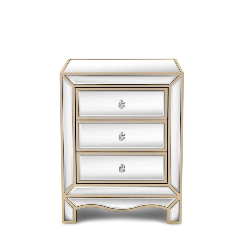 L 19.7 x P 15 x H 26 Mobiletto a tre cassetti con specchio color champagne, comodino multifunzionale