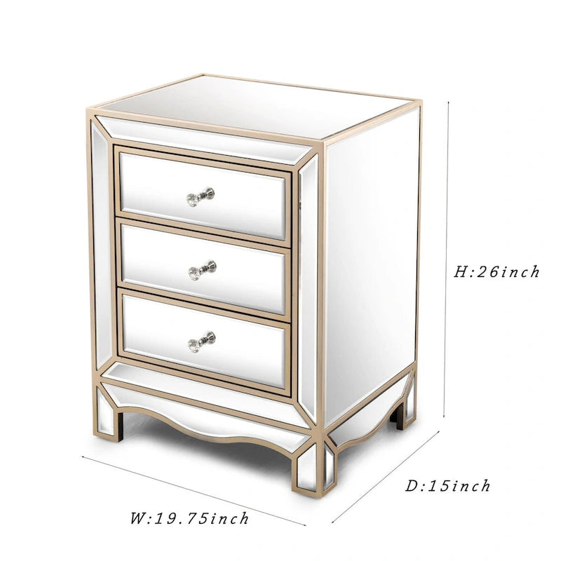 L 19.7 x P 15 x H 26 Mobiletto a tre cassetti con specchio color champagne, comodino multifunzionale