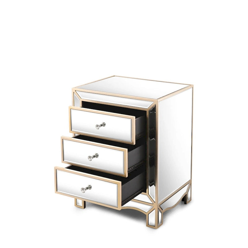 L 19.7 x P 15 x H 26 Mobiletto a tre cassetti con specchio color champagne, comodino multifunzionale