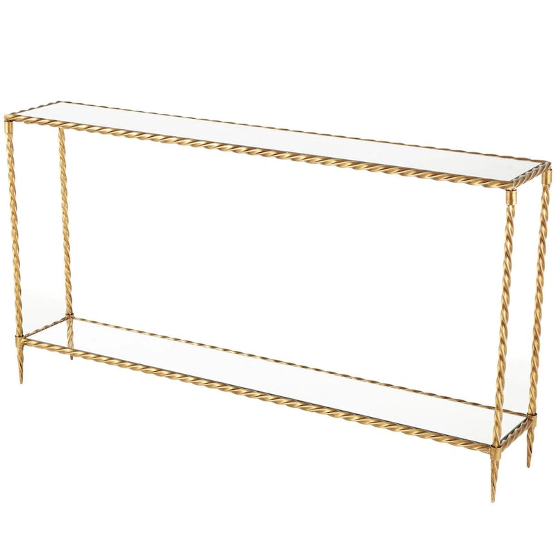 Metal Twisted Rope Inspired 1 Shelf Console Table with Mirrored Glass Top and Shelf - Gold -  